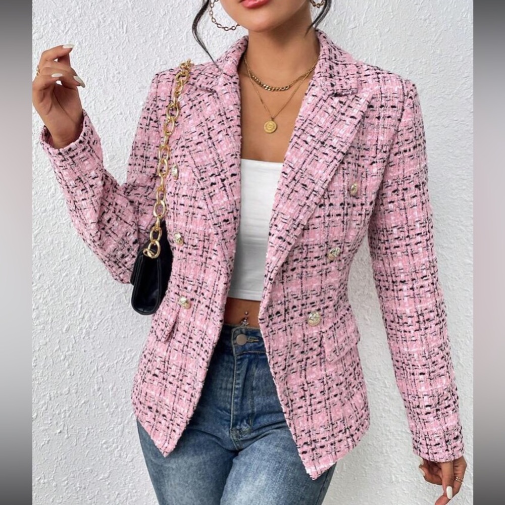 Luxe Plaid Tweed Button Down  Blazer Jacket Coat - Picture 10 of 15